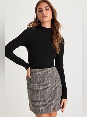 Lulus Plaid Mini Skirt Size S Brown Grey Plaid Preppy Chic Slit Hem